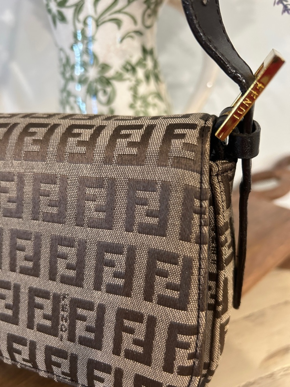 Fendi Brown FF Logo Jacquard Shoulder Bag with Black Strap - Picture 2 of 6